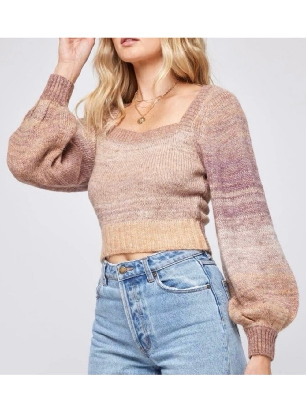 L*Space Paige Ombre Cropped Sweater Balloon Sleeve Square Neck S
